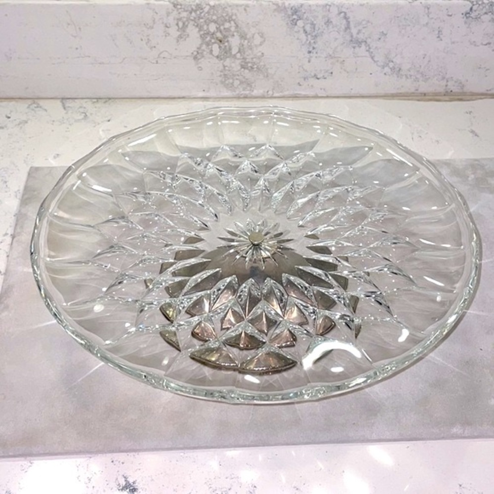 Val Saint Lambert Crystal Large Cake Plate Metal Pedestal Circa 1940’s Vintage